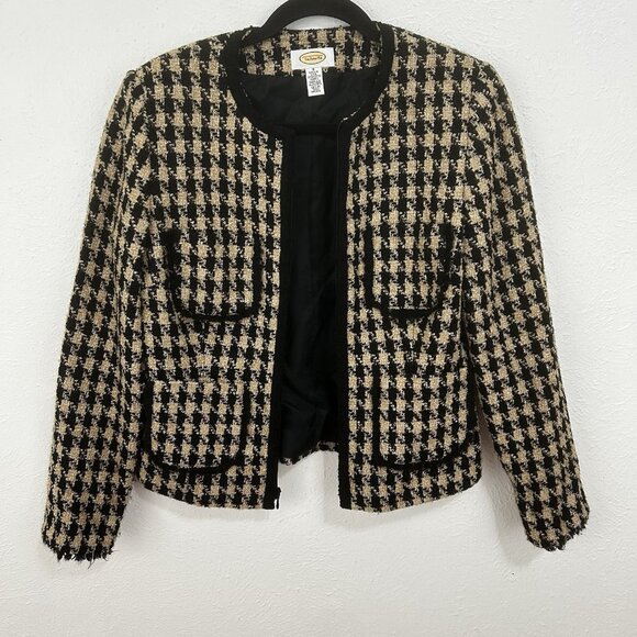 Talbots Houndstooth Tweed Blazer Skirt Set Sz 4 Wool Blend Pockets Zipper Front - Picture 3 of 12